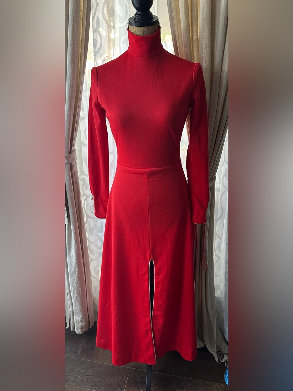 Vintage 1970s Le' Factory Red Turtleneck Slit Midi
Dress (Fits XS/S) - Picture 3 of 12